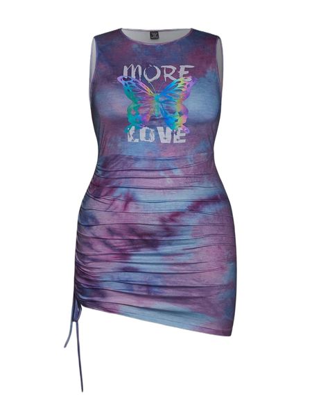 plus letter and tie dye print reflective butterfly drawstring ruched dress p35s#, Black